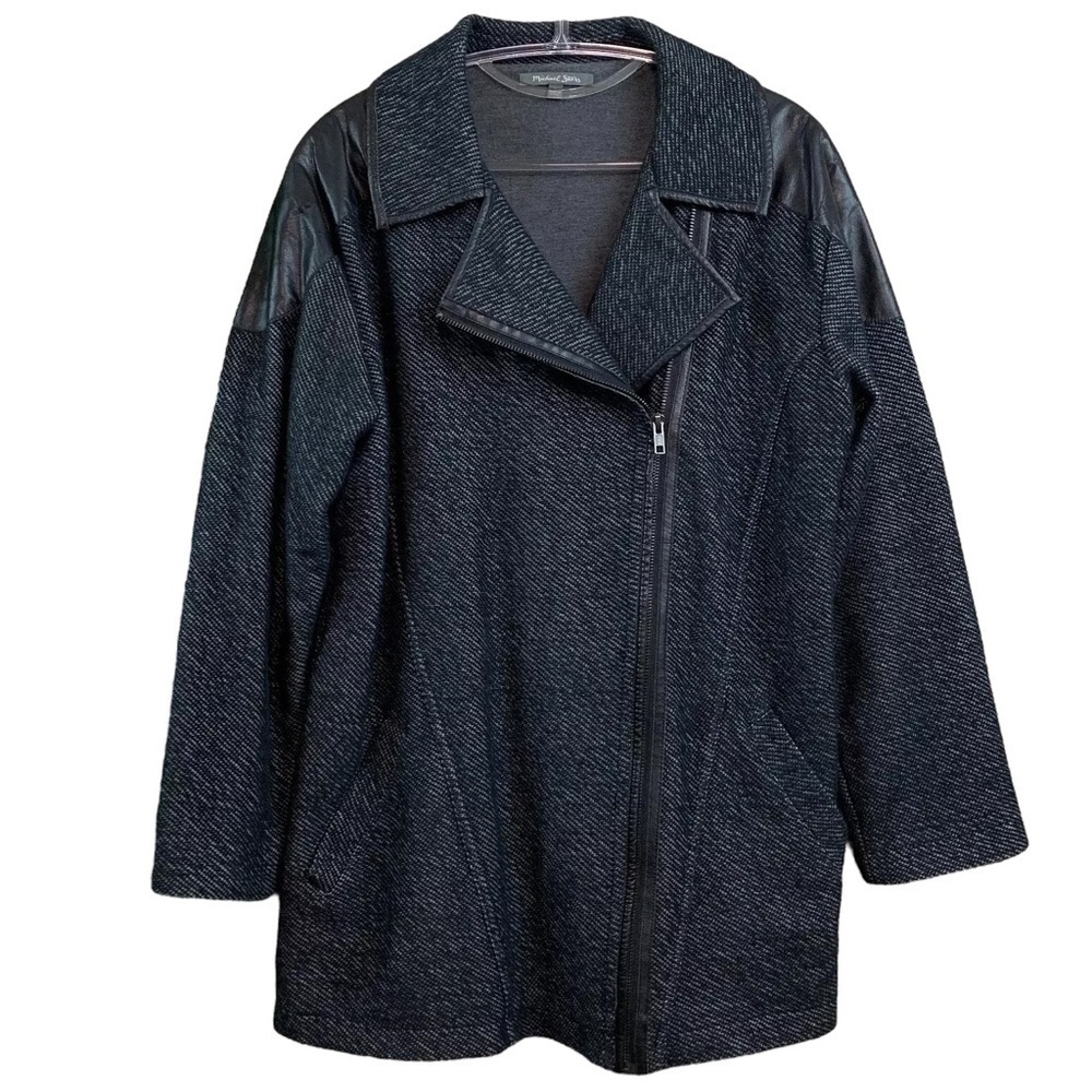 Michael Stars Tweed Knit Genuine Leather Trim Zip Moto Coat Jacket Black Size L
